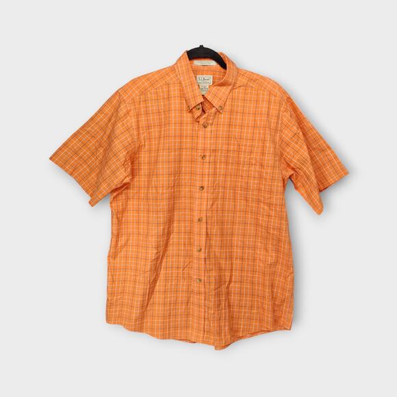 Mens L.L. Bean Traditional Fit Orange Plaid Short Sleeve Button Up Shirt Size L - Picture 1 of 4